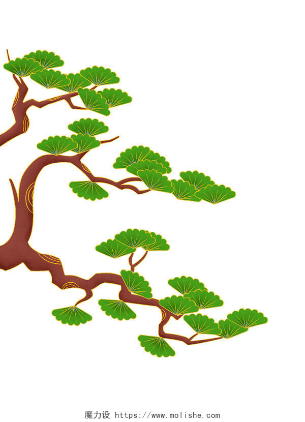绿色手绘卡通国潮松树树枝树木元素PNG素材